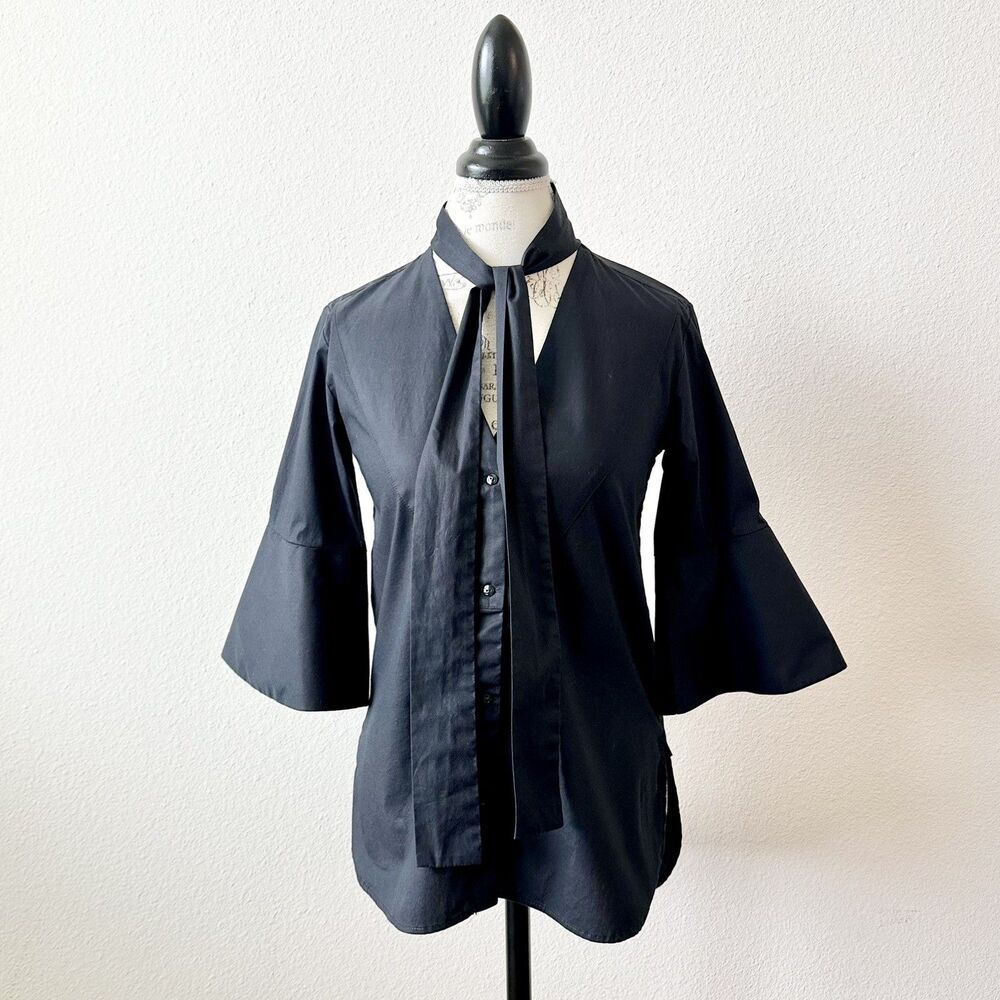 Palmer Harding Black Stretch Cotton V-neck Blouse Tie Neck Bell Sleeve Sz 0/2
